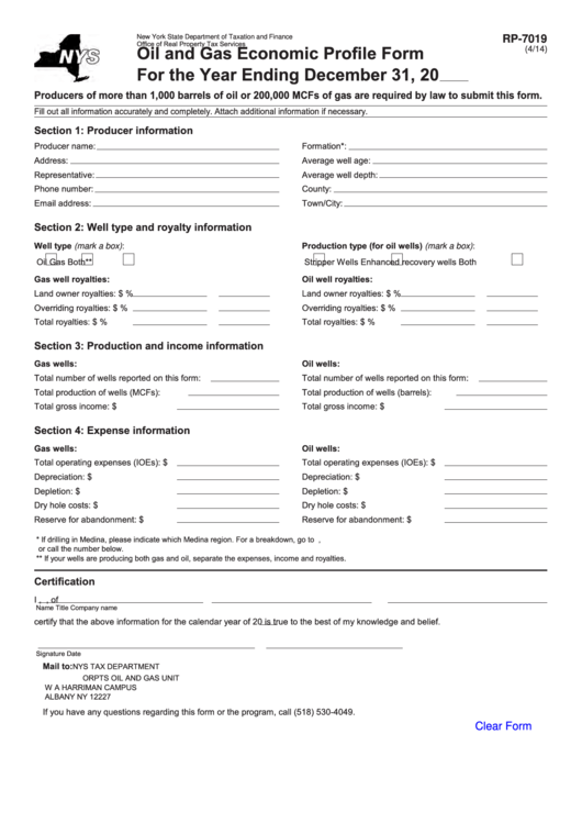 Fillable Form Rp-7019 - Oil And Gas Economic Profile Form For The Year Ending December 31 Printable pdf