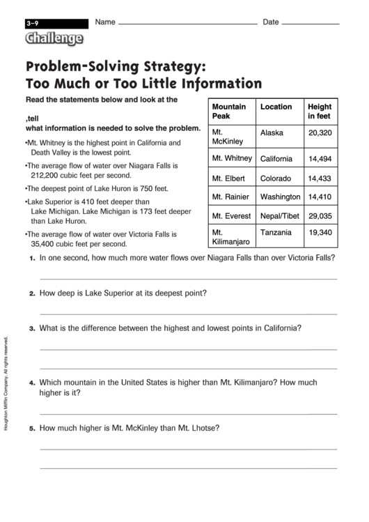 Problem-Solving Strategy: Too Much Or Too Little Information - Math Worksheet With Answers Printable pdf