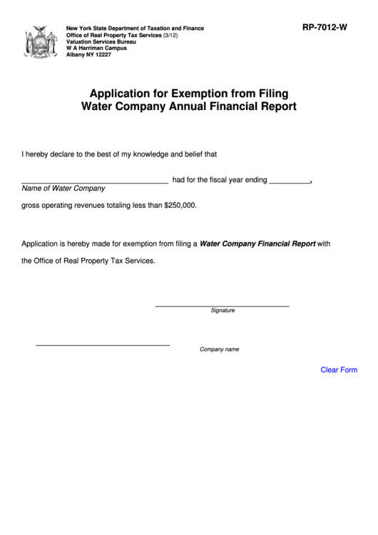 Fillable Form Rp-7012-W - Application For Exemption From Filing Water Company Annual Financial Report Printable pdf