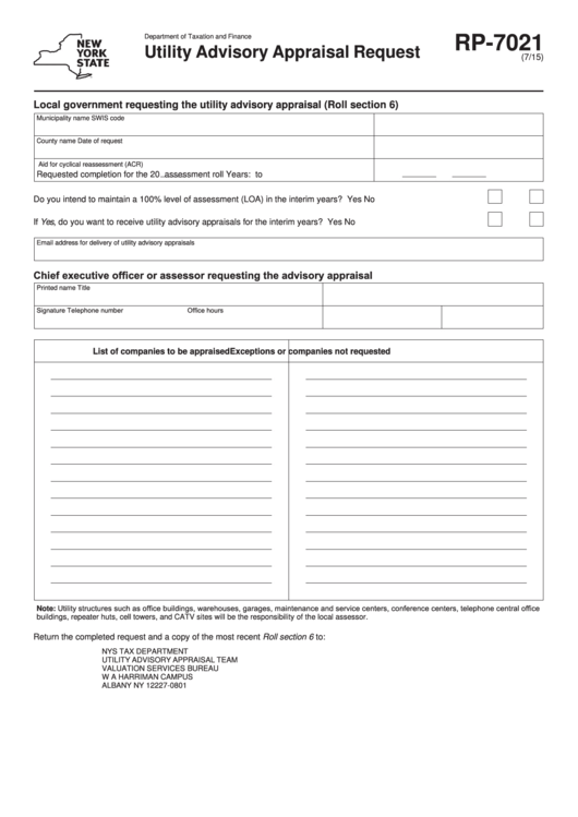 Fillable Form Rp-7021 - Utility Advisory Appraisal Request Printable pdf