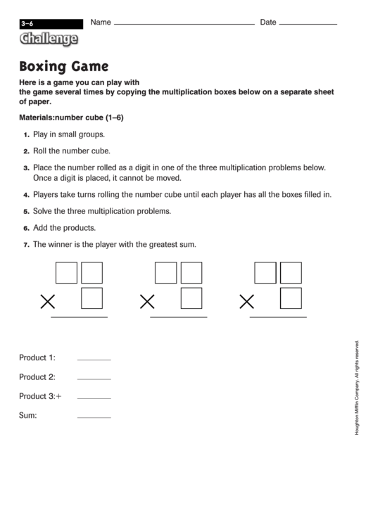 Boxing Game - Math Game-Worksheet Printable pdf