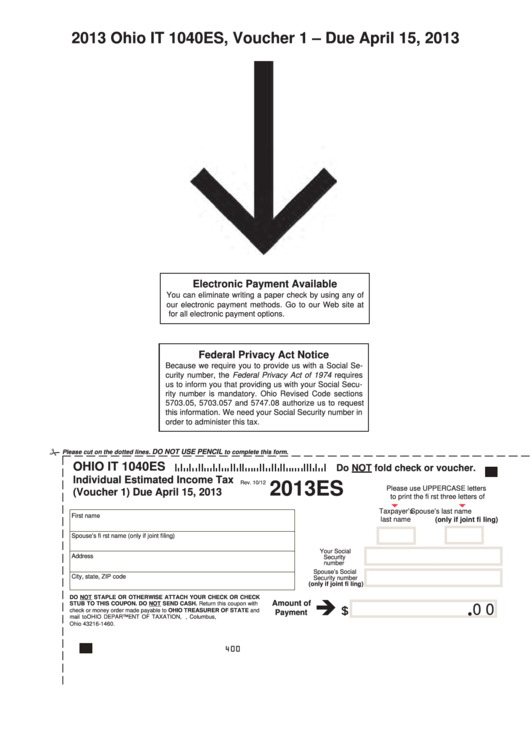 Fillable Form It 1040es - Individual Estimated Income Tax - 2013 Printable pdf