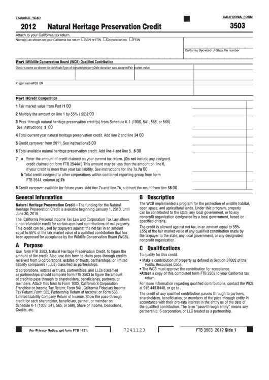 Fillable California Form 3503 - Natural Heritage Preservation Credit - 2012 Printable pdf