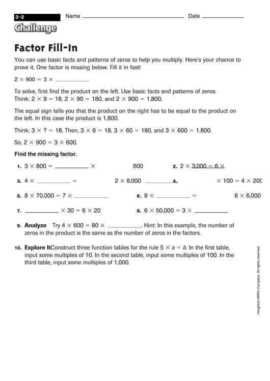 Factor Fill-In - Multiplication Worksheet With Answers Printable pdf