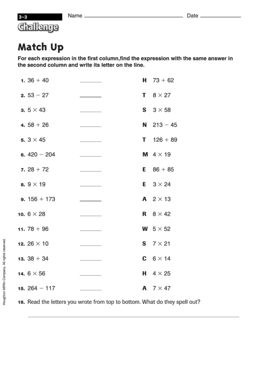 Match Up - Math Worksheet With Answers Printable pdf