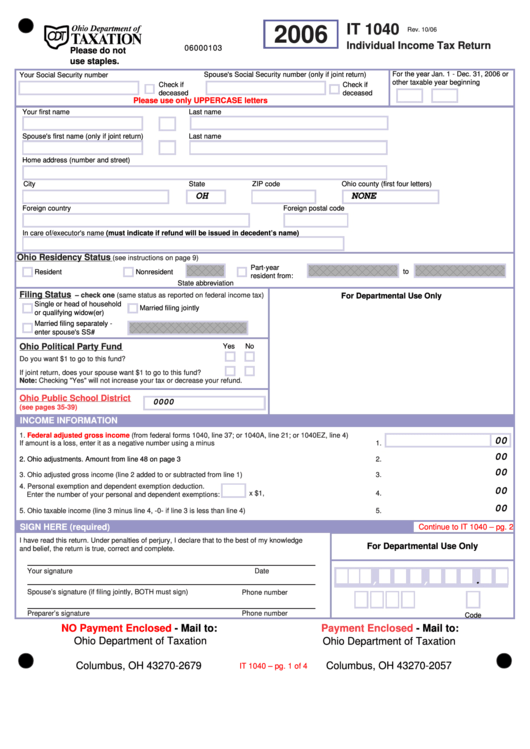 Fillable Form It 1040 - Individual Income Tax Return - 2006 Printable pdf