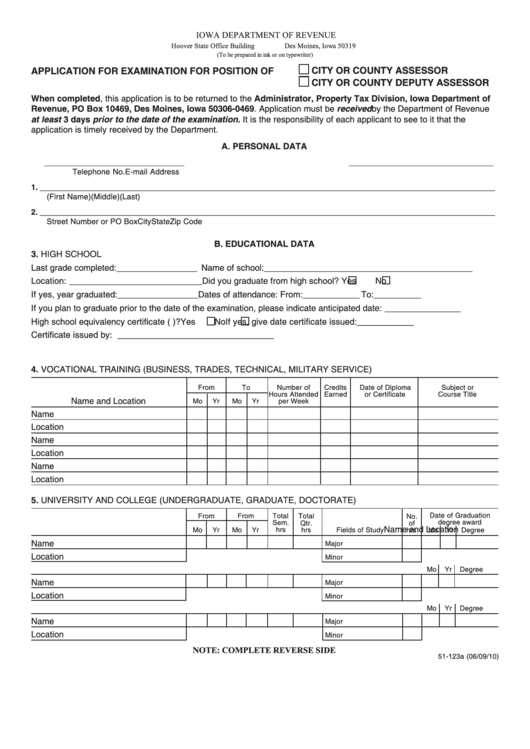 Form 51-123 - Application For Examination For Position Of City Or County Assessor/city Or County Deputy Assessor Printable pdf