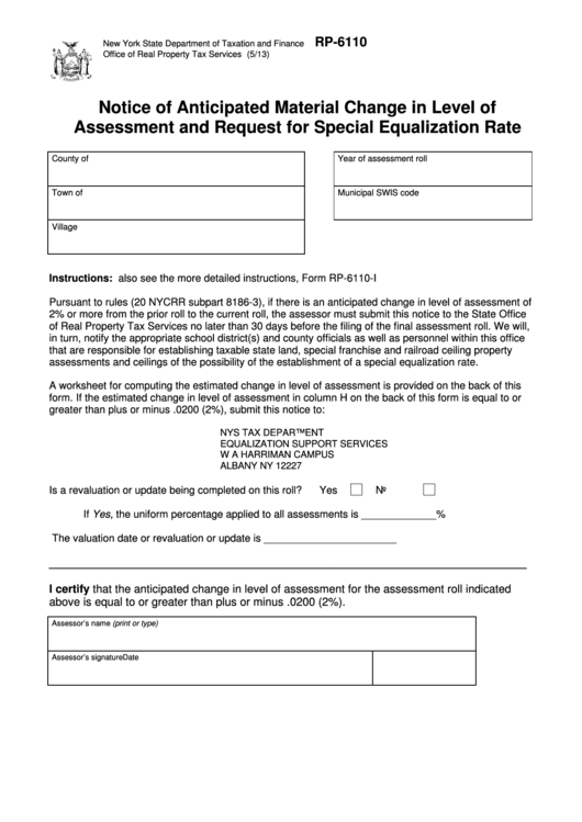 Fillable Form Rp-6110 - Notice Of Anticipated Material Change In Level Of Assessment And Request For Special Equalization Rate Printable pdf