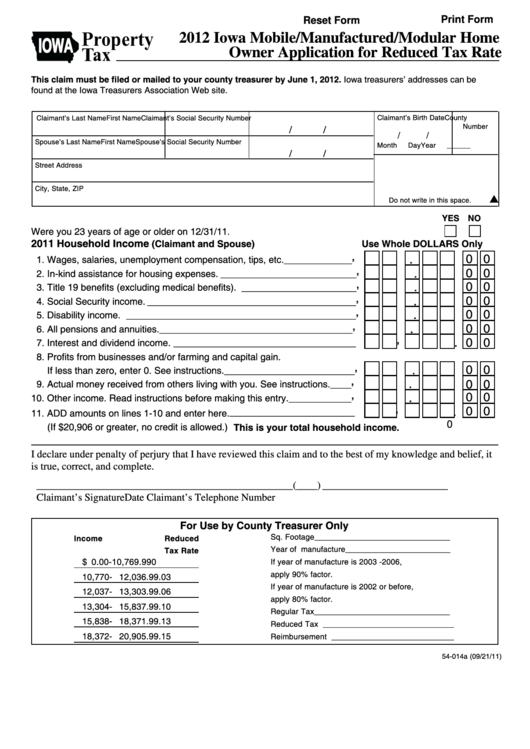 Fillable Form 54-014 - Iowa Mobile/manufactured/modular Home Owner Application For Reduced Tax Rate - 2012 Printable pdf