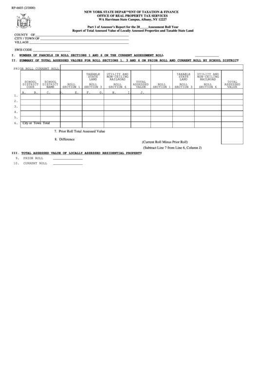 Fillable Form Rp-6603 - Report Of Total Assessed Value Of Locally Assessed Properties And Taxable State Land Printable pdf