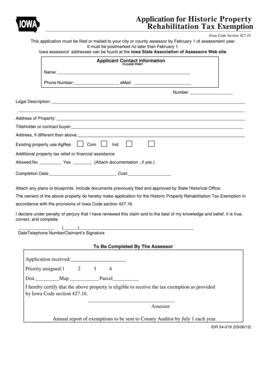 Form Idr 54-019 - Application For Historic Property Rehabilitation Tax Exemption Printable pdf