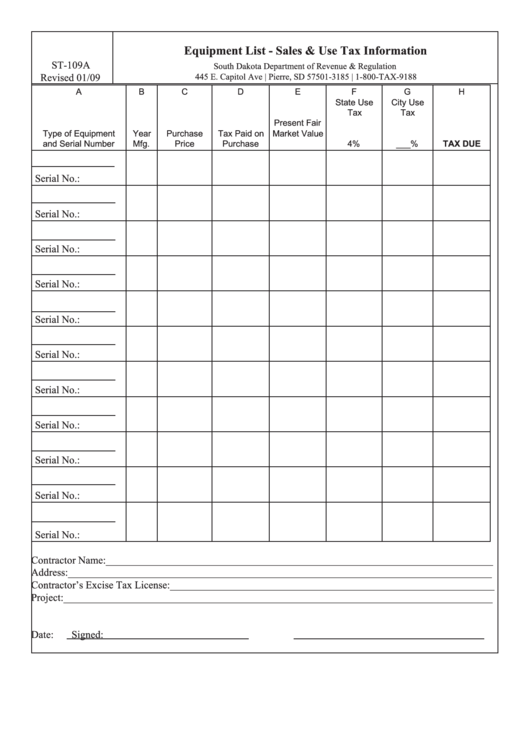 Form St-109a - Equipment List - Sales & Use Tax Information Printable pdf