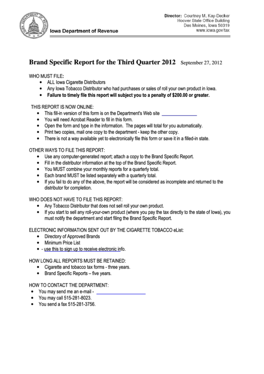 Fillable Form 70-020 - Brand Specific Report For The Third Quarter 2012 Printable pdf