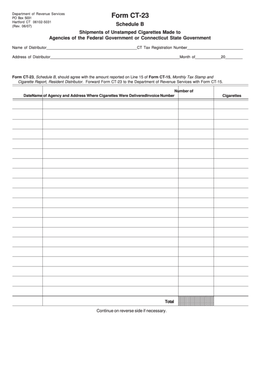 Fillable Form Ct-23 - Schedule B - Shipments Of Unstamped Cigarettes Made To Agencies Of The Federal Government Or Connecticut State Government Printable pdf