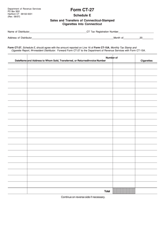 Fillable Form Ct-27 - Schedule E - Sales And Transfers Of Connecticut-Stamped Cigarettes Into Connecticut Printable pdf