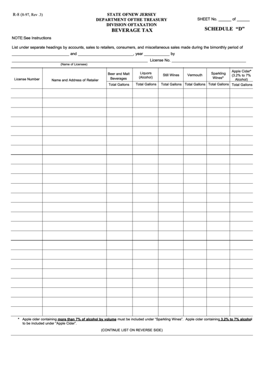 Fillable Form R-8 - Schedule "D" - Beverage Tax Printable pdf