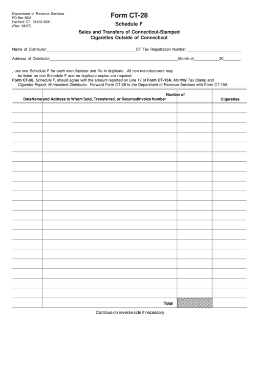 Fillable Form Ct-28 - Schedule F - Sales And Transfers Of Connecticut-Stamped Cigarettes Outside Of Connecticut Printable pdf