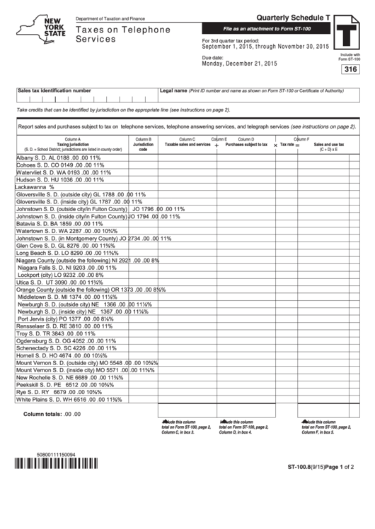 Fillable Form St-100.8 - Quarterly Schedule T - Taxes On Telephone Services - 2015 Printable pdf