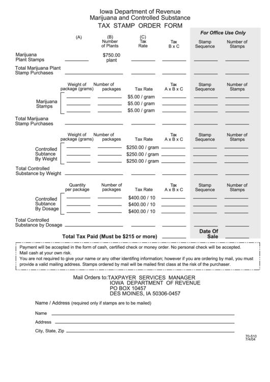 Fillable Form 70-510 - Tax Stamp Order Form Printable pdf