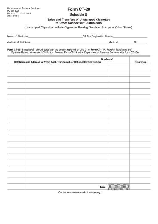 Fillable Form Ct-29 - Schedule G - Sales And Transfers Of Unstamped Cigarettes To Other Connecticut Distributors Printable pdf