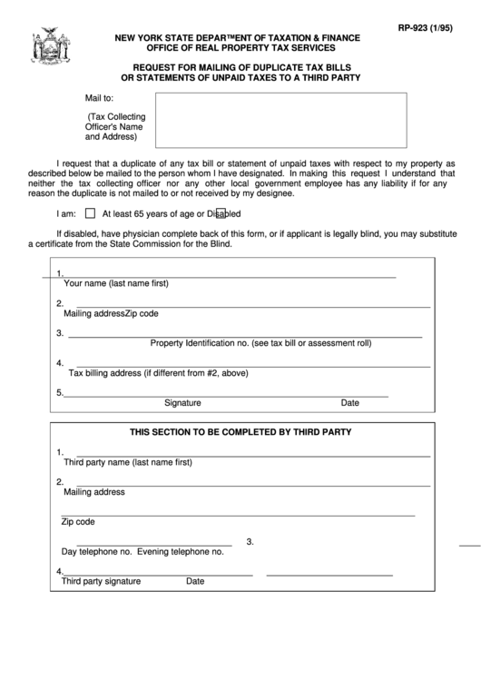 Fillable Form Rp-923 - Request For Mailing Of Duplicate Tax Bills Or Statements Of Unpaid Taxes To A Third Party Printable pdf