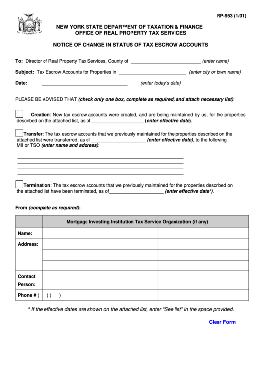 Fillable Form Rp-953 - Notice Of Change In Status Of Tax Escrow Accounts Printable pdf