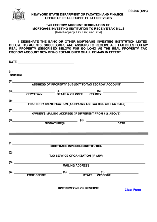 Fillable Form Rp-954 - Tax Escrow Account Designation Of Mortgage Investing Institution To Receive Tax Bills Printable pdf