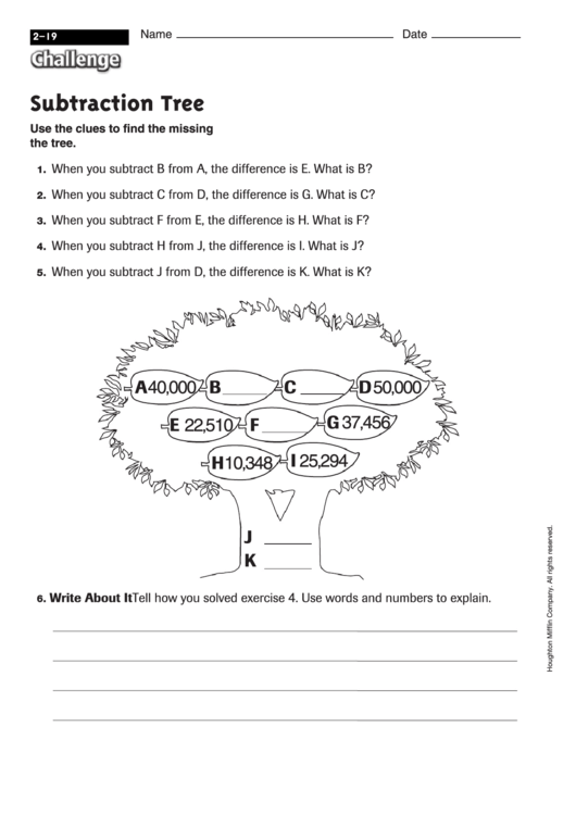 Subtraction Tree - Subtraction Worksheet With Answers Printable pdf