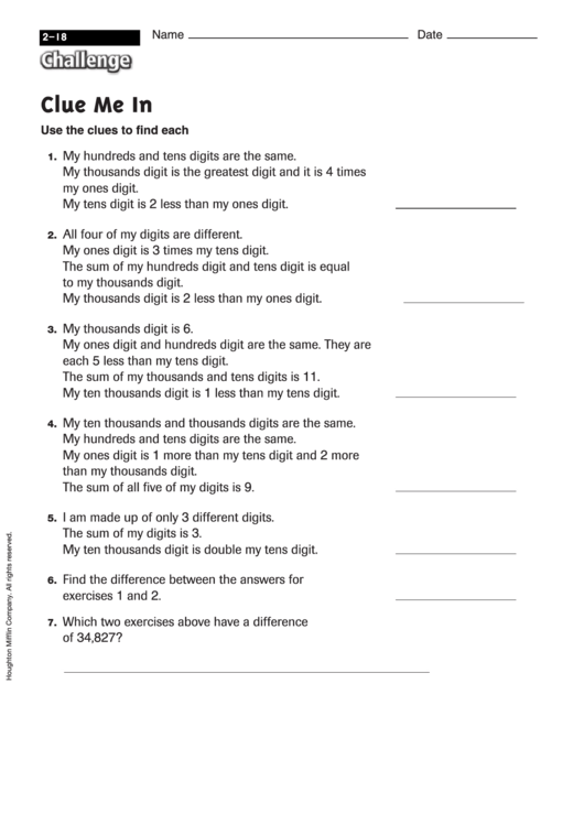 Clue Me In - Math Worksheet With Answers Printable pdf