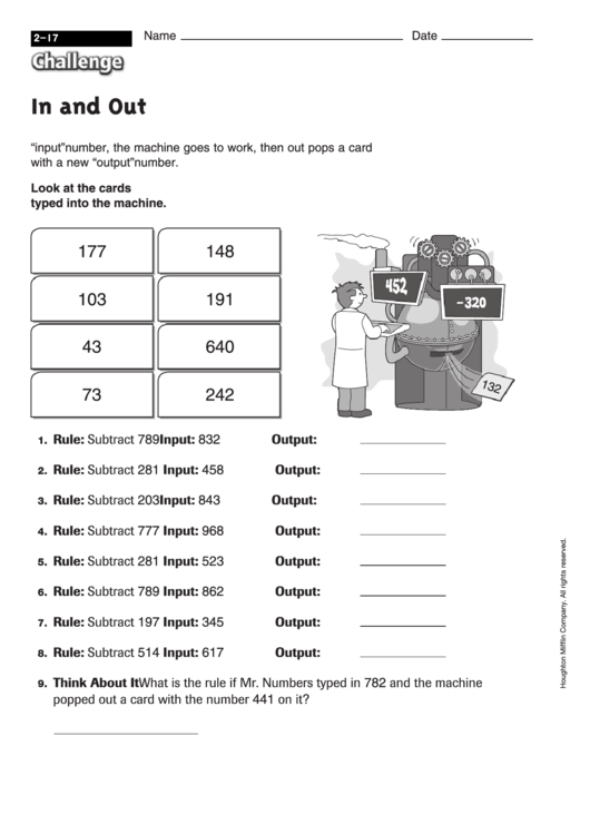 In And Out - Subtraction Worksheet With Answers Printable pdf