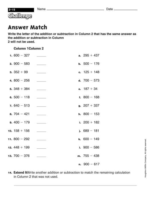 Answer Match - Math Worksheet With Answers Printable pdf