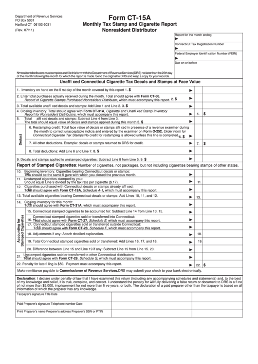 Fillable Form Ct-15a - Monthly Tax Stamp And Cigarette Report Nonresident Distributor Printable pdf