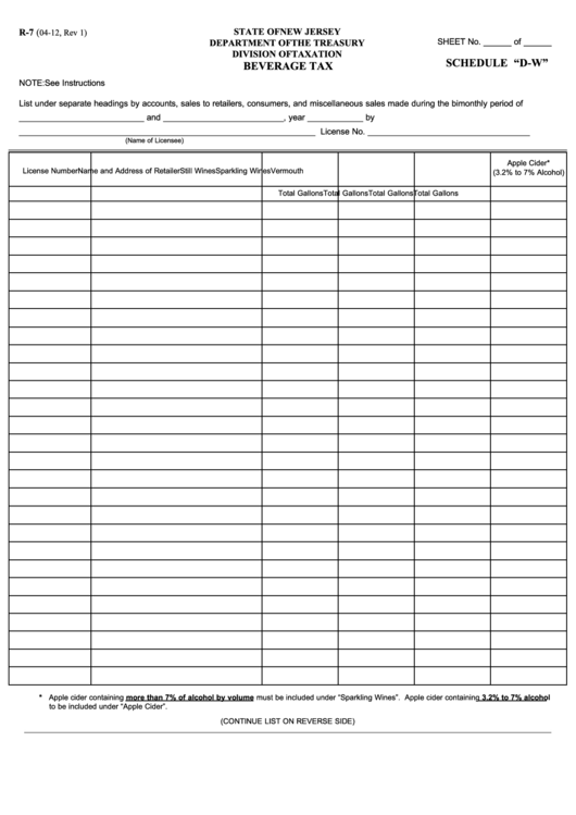 Fillable Form R-7 - Schedule "D-W" - Beverage Tax Printable pdf
