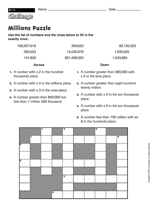 Millions Puzzle - Math Worksheet With Answers Printable pdf