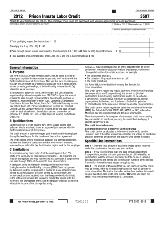 Fillable California Form 3507 Prison Inmate Labor Credit 2012