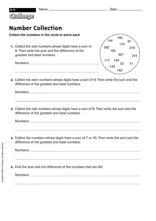 Number Collection - Math Worksheet With Answers Printable pdf