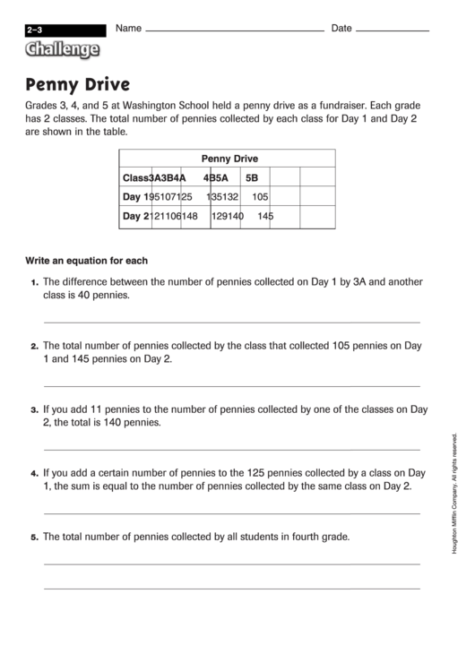 Penny Drive - Math Worksheet With Answers Printable pdf