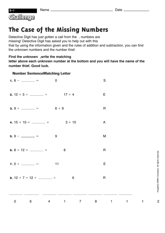 The Case Of The Missing Numbers - Math Worksheet With Answers Printable pdf