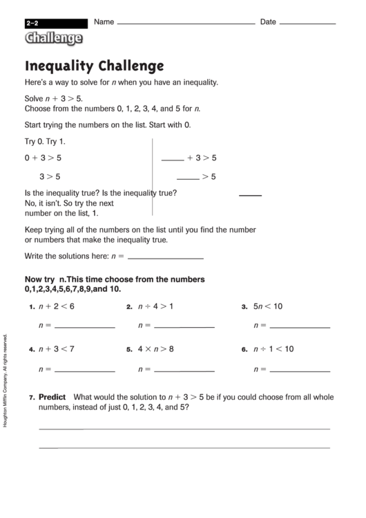 Inequality Challenge - Math Worksheet With Answers Printable pdf