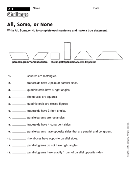 All, Some, Or None - Geometry Worksheet With A Nswers Printable pdf