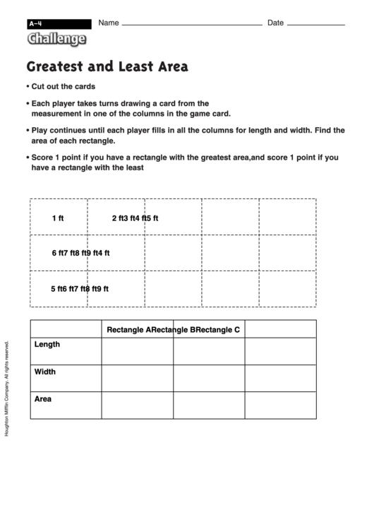 Greatest And Least Area - Area Worksheet With Answers Printable pdf