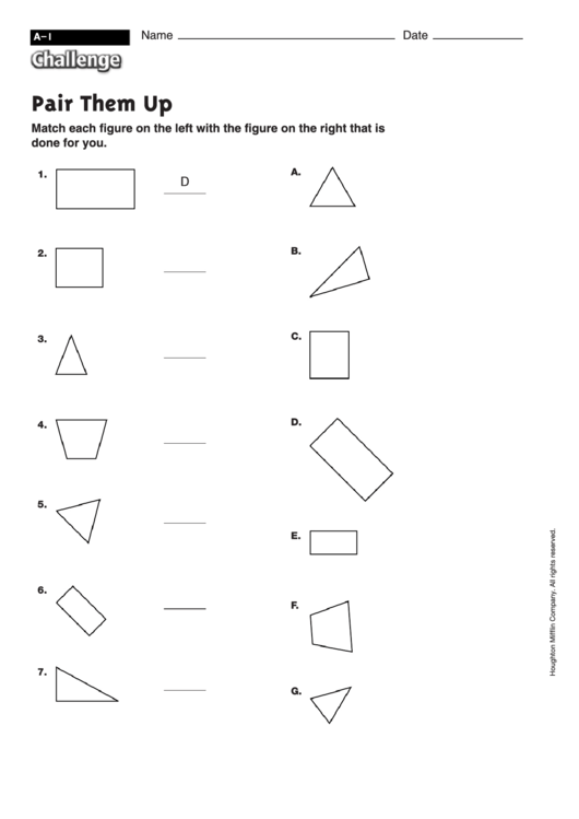 Pair Them Up - Geometry Worksheet With Answers Printable pdf