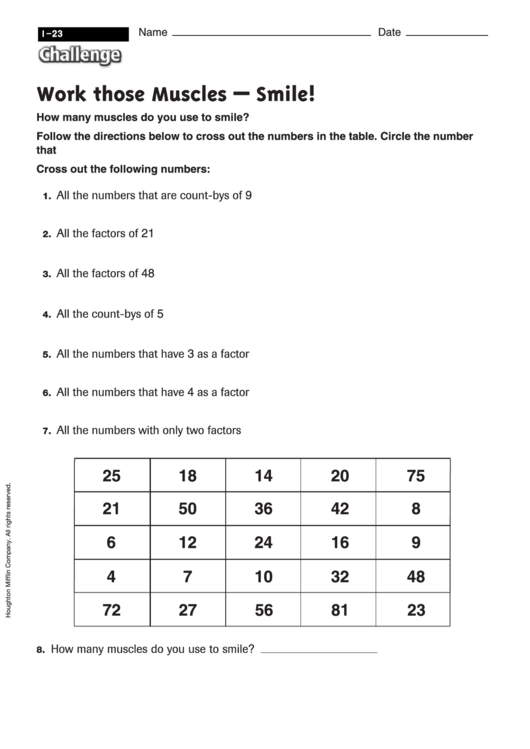 Work Those Muscles - Smile! - Math Worksheet With Answers Printable pdf
