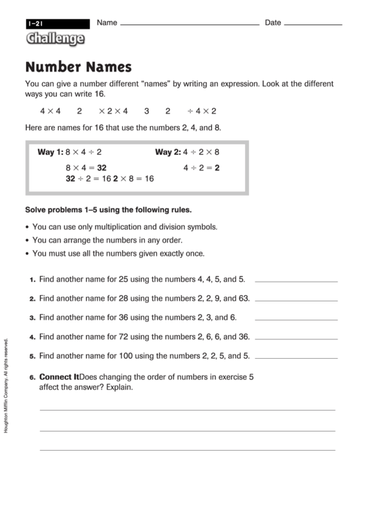 Number Names - Math Worksheet With Answers Printable pdf