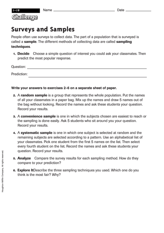 Surveys And Samples - Math Worksheet Printable pdf