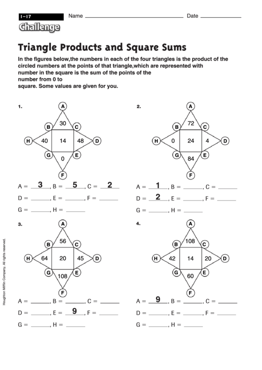 Triangle Products And Square Sums - Geometry Worksheet With Answers Printable pdf