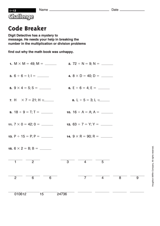 Code Breaker - Math Worksheet With Answers Printable pdf