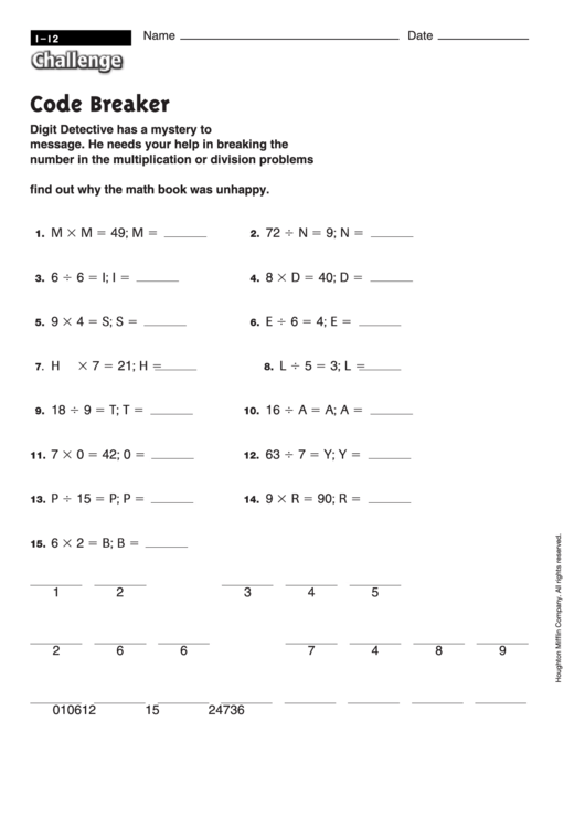 Code Breaker Math Worksheet With Answers Printable Pdf Download