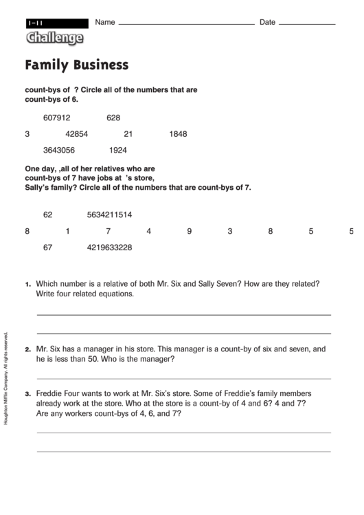 Family Business - Math Worksheet With Answers Printable pdf