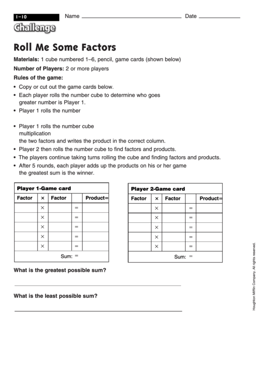 Roll Me Some Factors - Math Worksheet With Answers Printable pdf